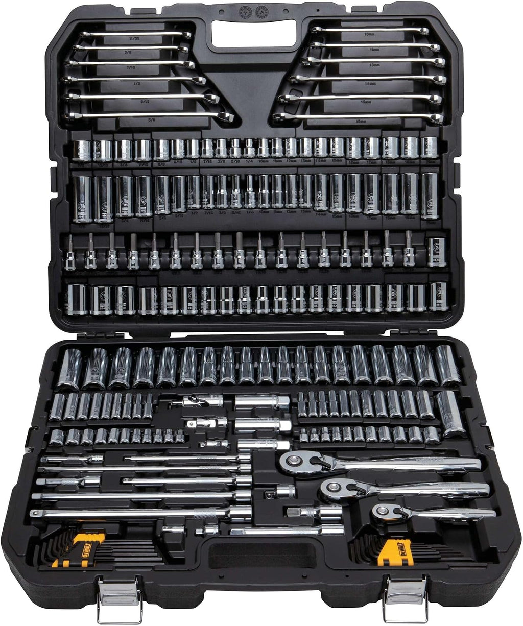 DEWALT Mechanics Tools Kit and Socket Set, 204-Piece Dewalt Tool Set, 1/4' & 3/8' & 1/2' Drive, Metric/SAE Deep and Shallow Sockets, 3/8' Hex Bits, Torx Bits, Spark Plugs, Wrenches (DWMT72165)