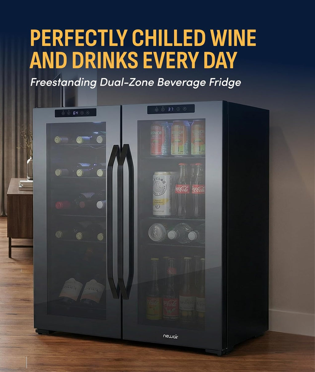 NewAir 27' Dual Zone Beverage Refrigerator & Wine Cooler for 18 Bottles & 59 Cans | Freestanding or Built-In Under Counter Mini Fridge for Beer, Wine and Soda | Black