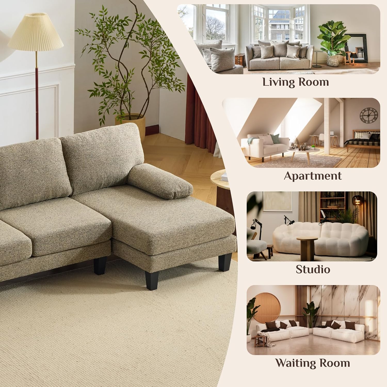Karl home 110' U-Shape Sectional Couches for Living Room Chenille Upholstery 4 Seat Sofa Set with Double Chaises & Wood Grain Legs for Apartment, Khaki