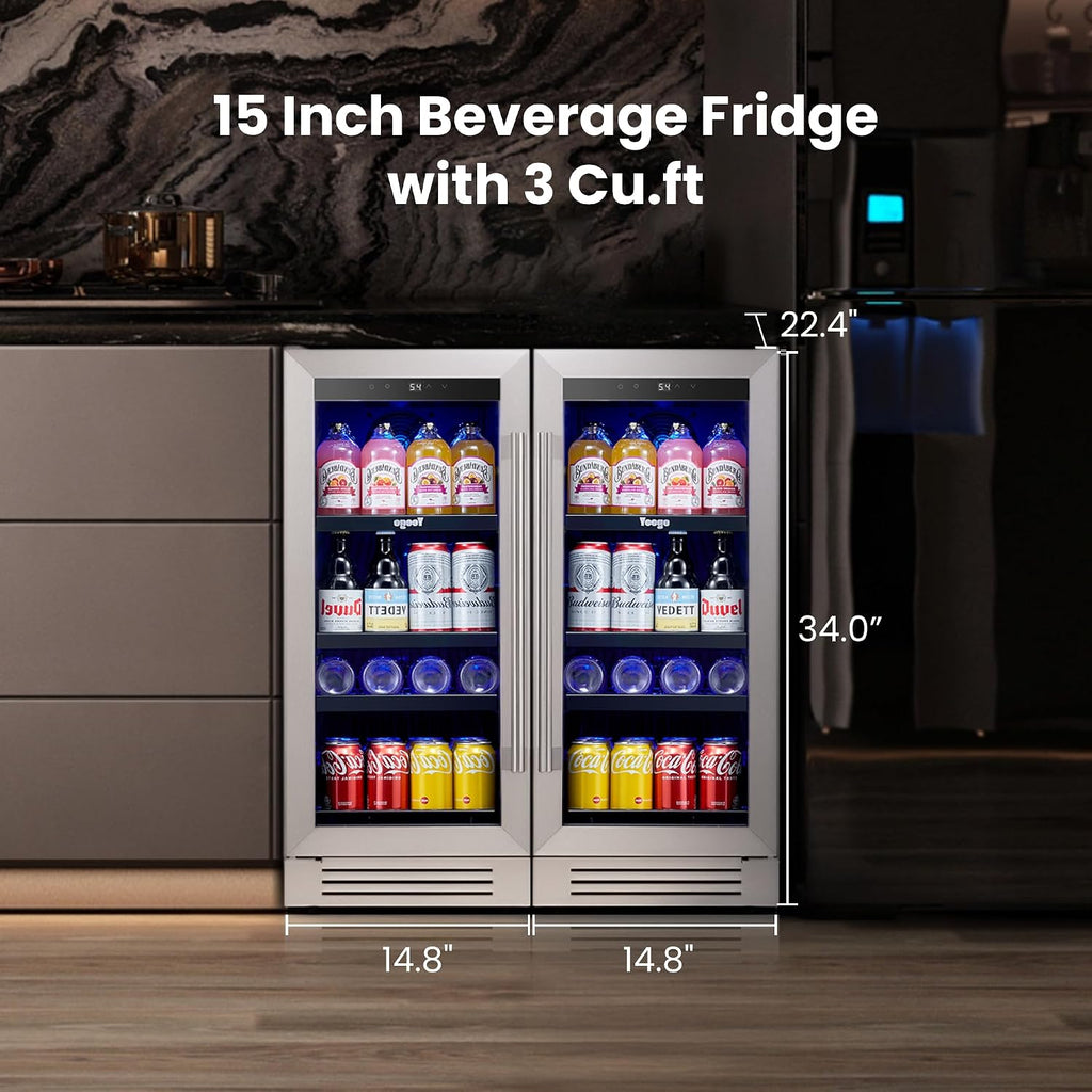 Yeego 15-Inch Built-In Beverage Refrigerator (2 Pack) – Slim Beverage Cooler with Left-Hinged Glass Door, Auto Defrost Drink Fridge for Beer, Soda & Wine, Built-In or Freestanding