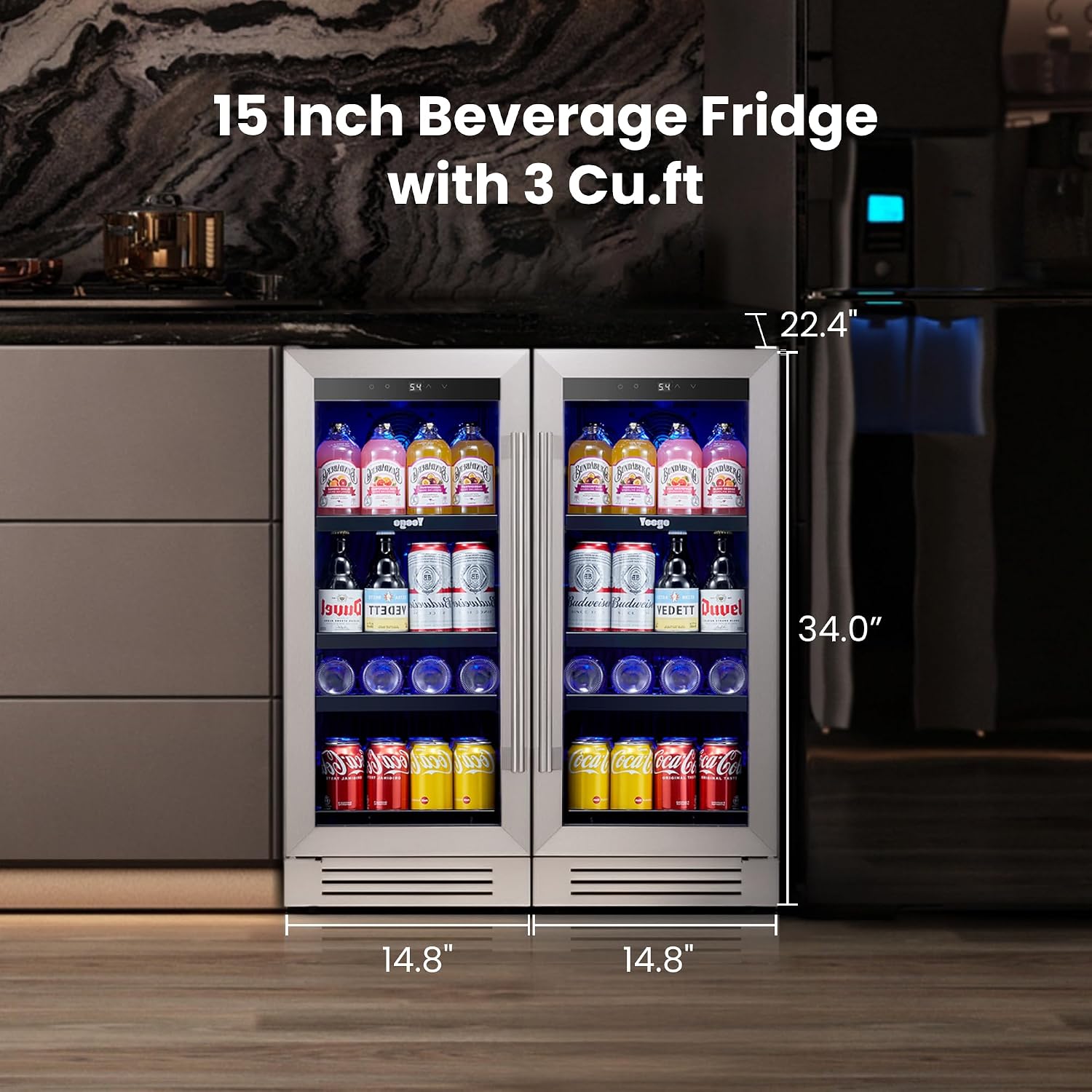 Yeego 15-Inch Built-In Beverage Refrigerator (2 Pack) – Slim Beverage Cooler with Left-Hinged Glass Door, Auto Defrost Drink Fridge for Beer, Soda & Wine, Built-In or Freestanding