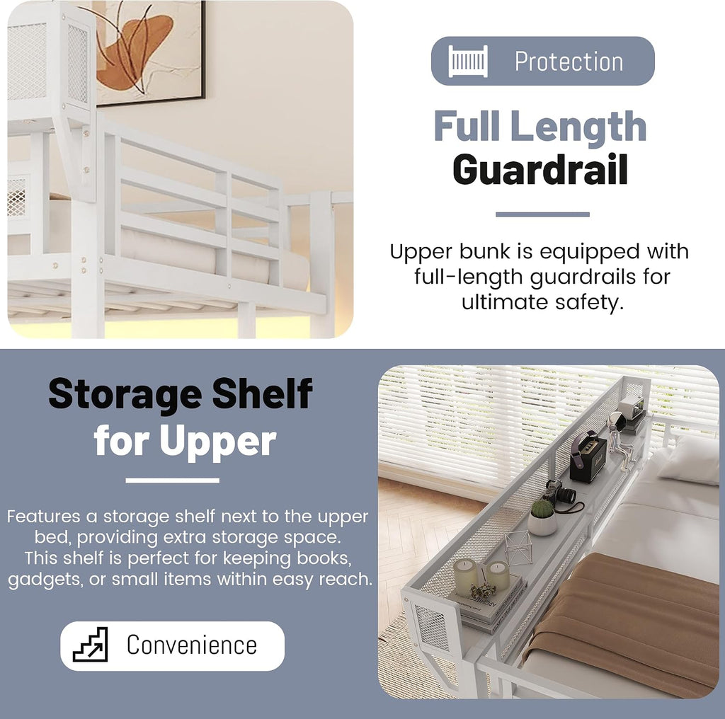 Full Loft Bed with Desk and Stairs, Metal Lofts Bed Full Size with Upper Storage Shelf, Gaming LoftBed with LED, Charging Station and Wardrobe for Teens, Adults,White