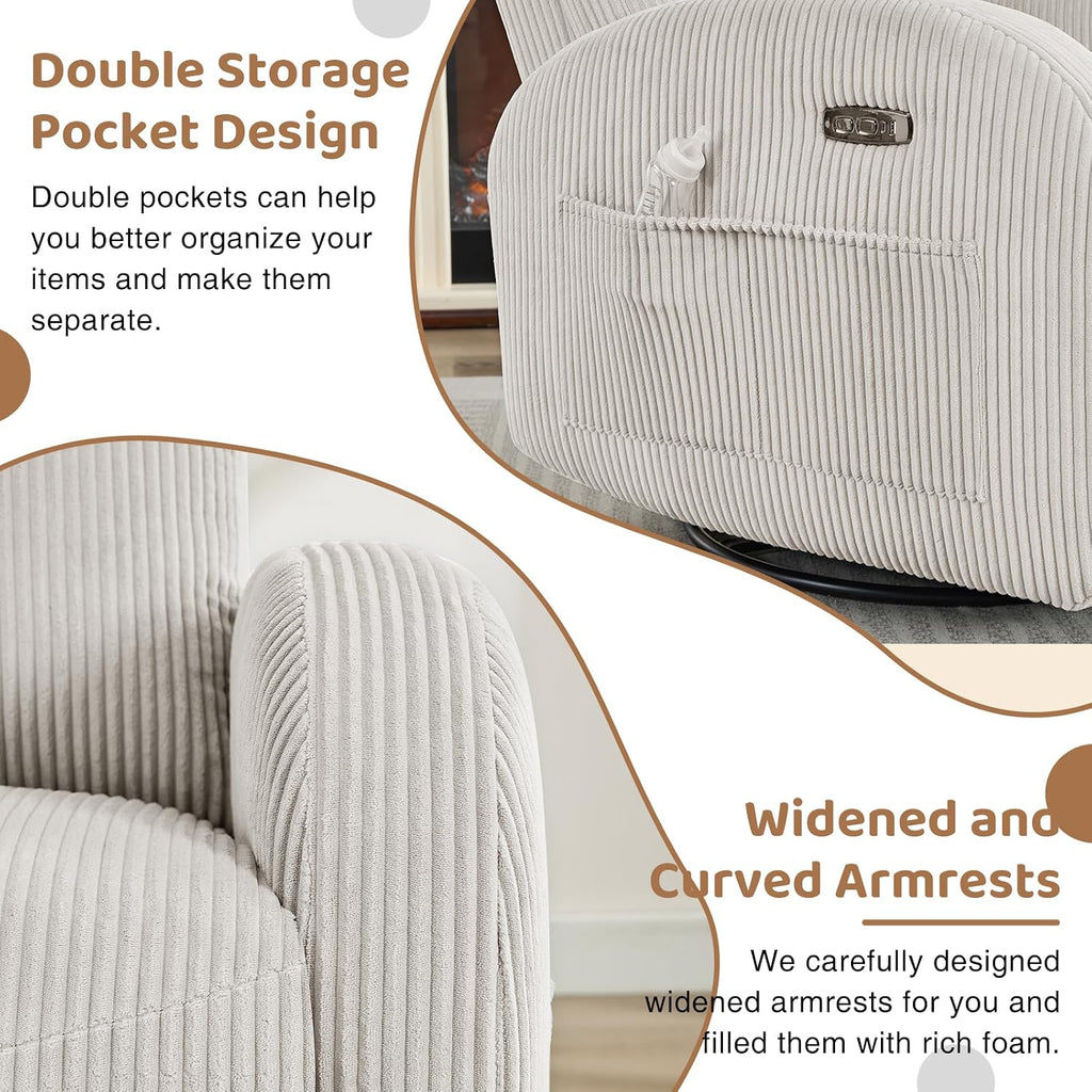 Power Swivel Rocker Recliner Nursery Glider Recliner, Swivel Glider Recliner with USB & Type-C Port, Reclining Nursery Rocker with Double Pockets for Living Room, Camel, Corduroy