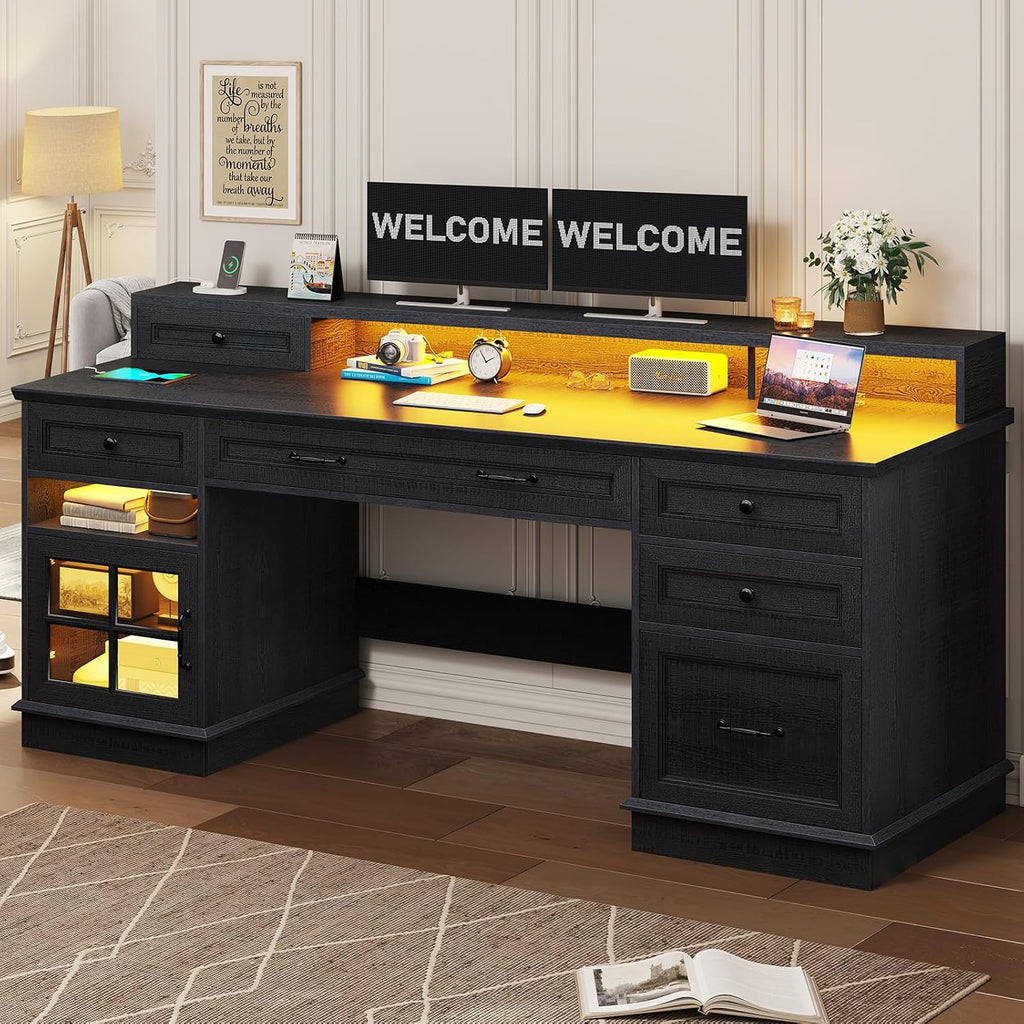 BTHFST 59.1' Executive Desk with File Drawer, Home Office Desk with Charging Station & LED Lights, Computer Desk with Drawers & Storage Cabinet, Executive Office Desk with Monitor Stand, Black