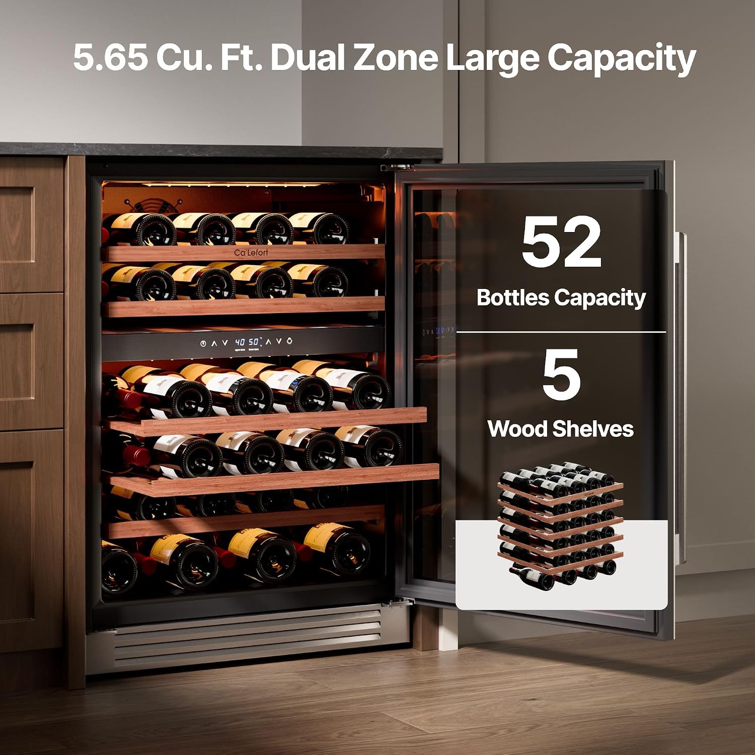 Ca'Lefort 24 Inch Wine Fridge, 52 Bottles Dual Zone 40-65°F Wine Cooler, Adjustable Shelves & 3 LED Light, Wine Refrigerator with Glass Door, Built-in Under Counter Freestanding for Home/Kitchen/Bar