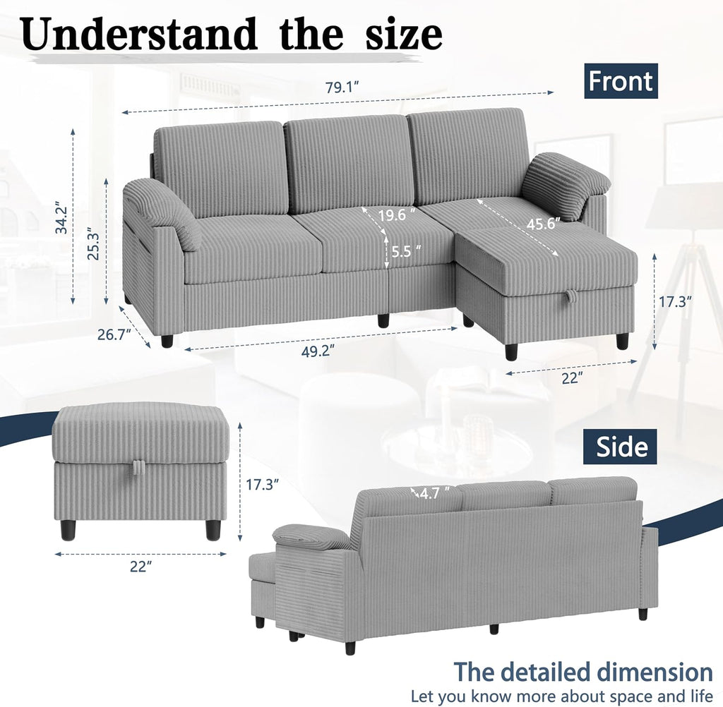 Sectional Sofa Couch for Living Room, 79' Sectional Couches with Storage Ottoman, L Shaped Couch with Sloping Armrests, 3-Seat Sofa Couches for Small Space, Light Grey | Breathable Material
