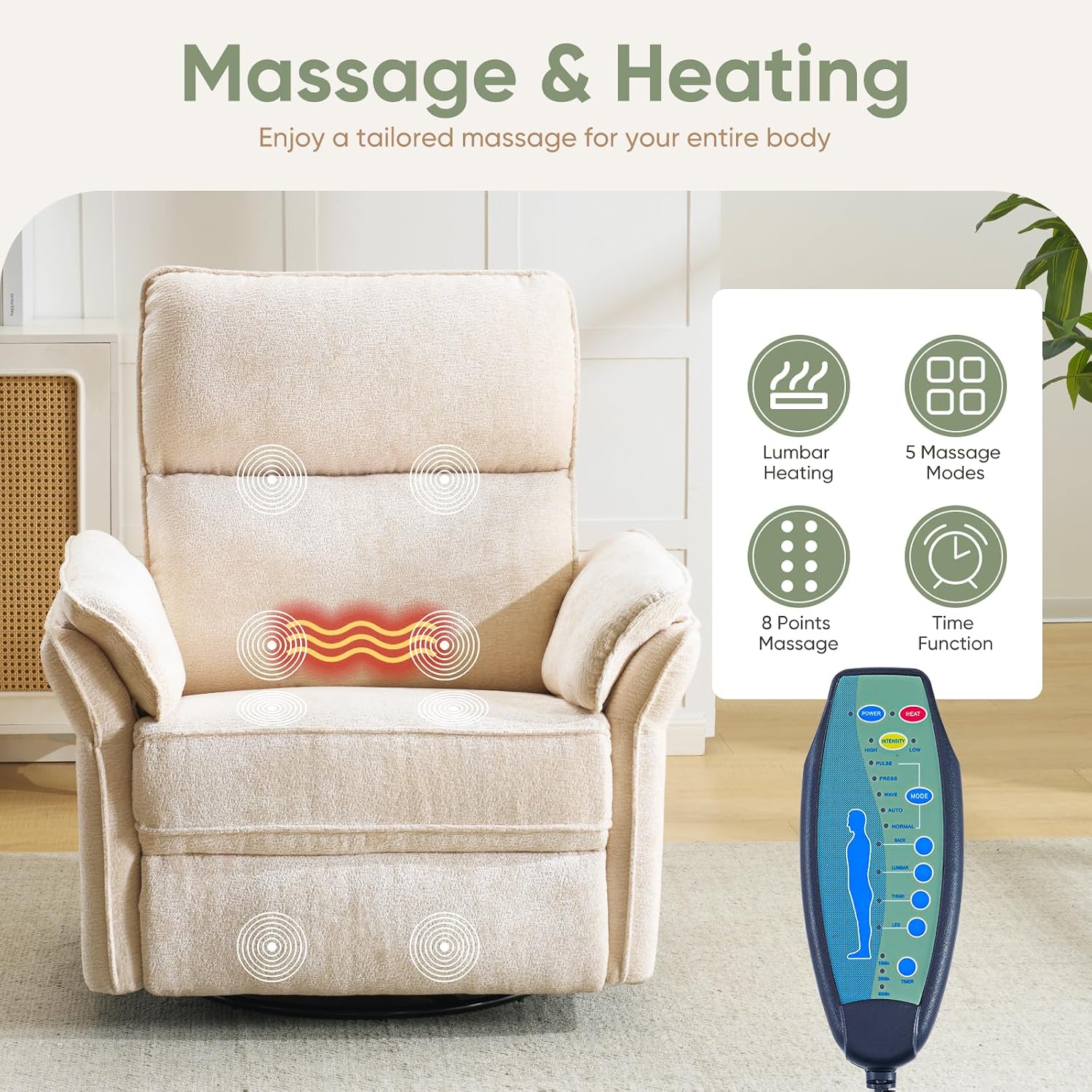 Power Swivel Rocker Recliner, Glider Recliner Nursery Chair with Massage and Heat, Nursery Rocking Chairs with Adjustable Headrest for Living Room，USB Ports,Side Pockets,Chenille Beige