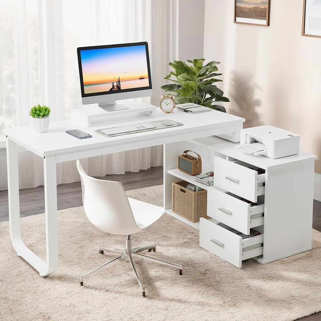 MaverickFurni 55' White Desk with Drawers and Shelves, Reversible L Shaped Desk with Monitor Stand, Home Office Desk with Storage for Work Writing Study, White