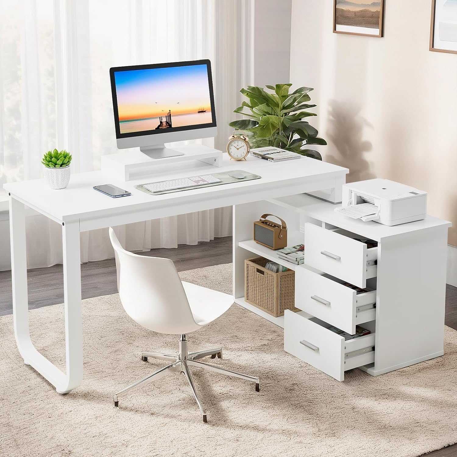 MaverickFurni 55' White Desk with Drawers and Shelves, Reversible L Shaped Desk with Monitor Stand, Home Office Desk with Storage for Work Writing Study, White