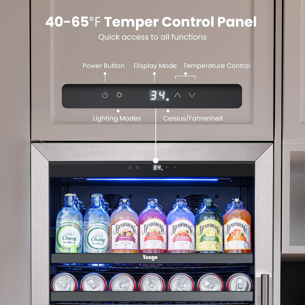 Beverage Refrigerator 24 inch -378 Cans Capacity Beverage Cooler, Upgraded Beverage Refrigerator Freestanding or Built-In, Drink Cooler for Soda, Water, Beer or Wine - For Kitchen, Bar or Office