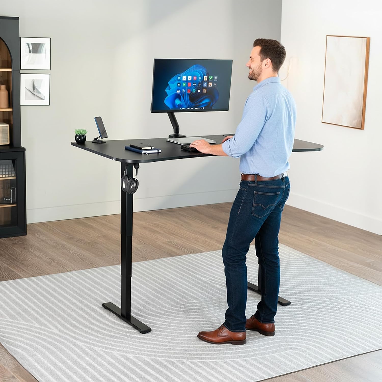 VIVO Electric 63 x 32 in Standing Desk with Built-in Power Strip, Touch Screen Adjustment, 220 lb Frame Support, 2E Series, Black Top Black Frame, DESK-KIT-2EBAC