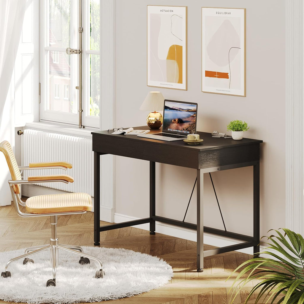 Mexin Small Black Desk with 2 Wooden Drawers, 40 Inch Home Office Writing Desk, Black Vanity Desk with Storage, Computer Desk for Bedroom Small Spaces, Table for Office, Work, Kids Study, Makeup