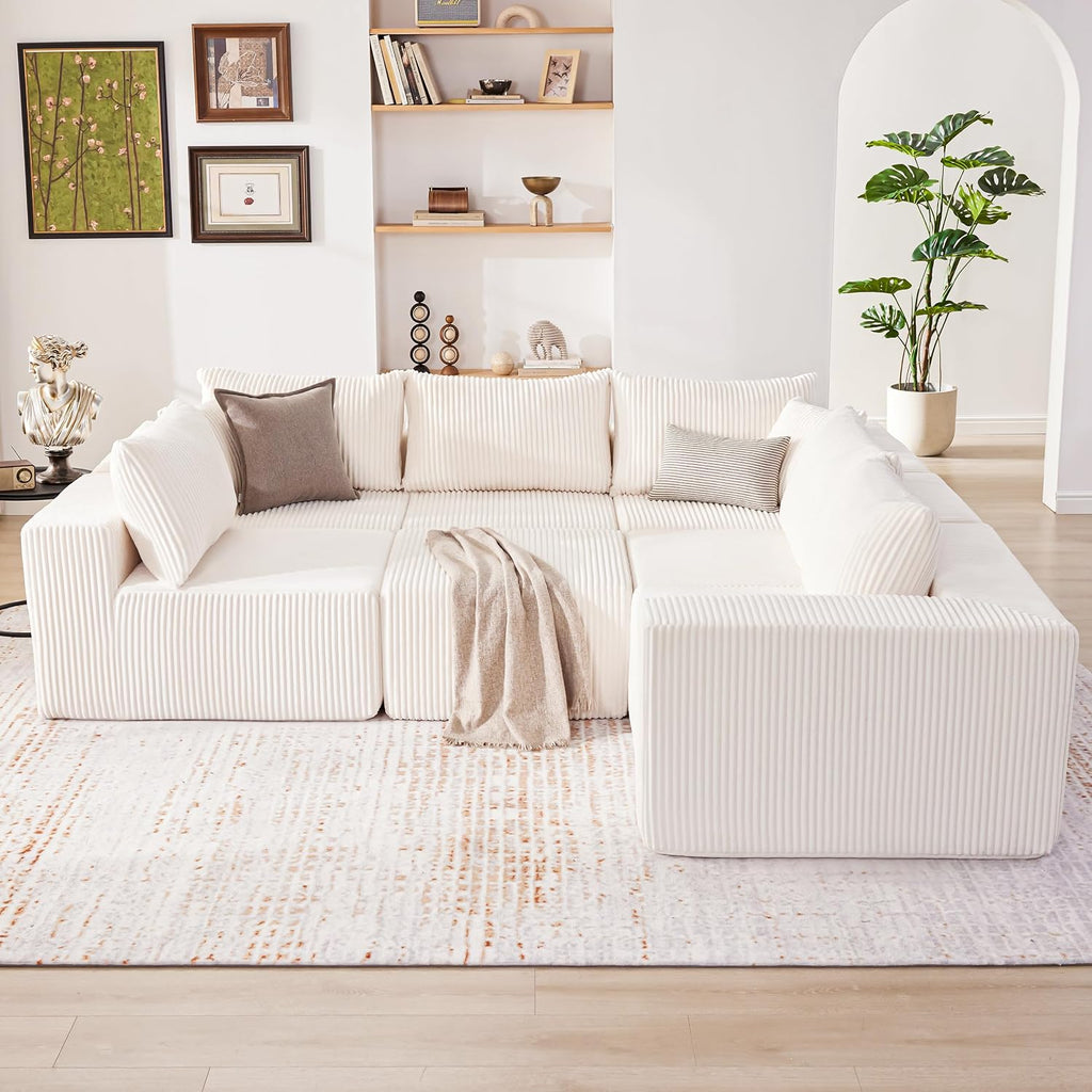 Boneless Couch, Cloud Couch Sectional, Modular Sofa with Deep Seat, Convertible Sectional Couches for Living Room, Plush Corduroy U Shaped Boneless Couch (Beige, 6 Seater & 1 Ottoman)