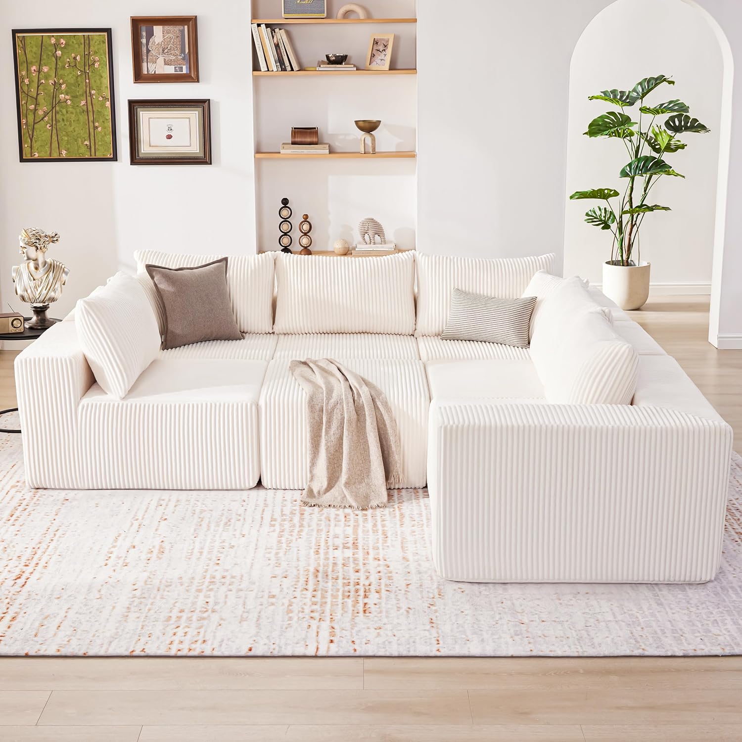 Boneless Couch, Cloud Couch Sectional, Modular Sofa with Deep Seat, Convertible Sectional Couches for Living Room, Plush Corduroy U Shaped Boneless Couch (Beige, 6 Seater & 1 Ottoman)