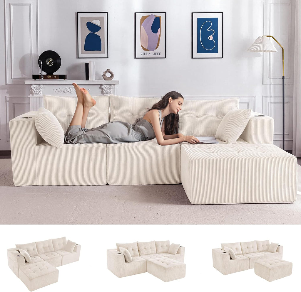 MAXYOYO Modular Sectional Sofa Couch, L Shaped Modern Cloud Couch with 1 Ottoman, Sofa in A Box, Tufted 4-Seat Boneless Sleeper Chair for Living Room, No Assembly Required, Beige