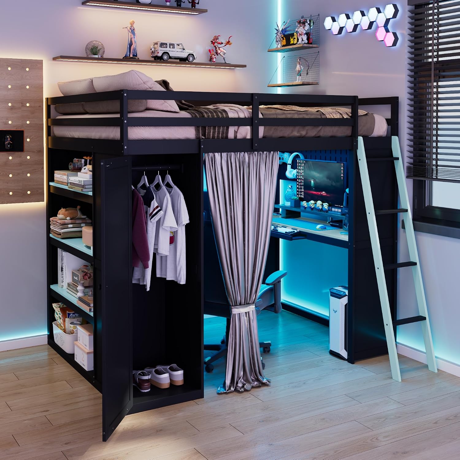 Harper & Bright Designs Gaming Loft Bed Full Size with Desk and Curtain for Privacy, Solid Wood Loft Bed with Shelf and Wardrobe for Storage, RGB Lights, Saving Space, Sturdy Support, Black+Blue
