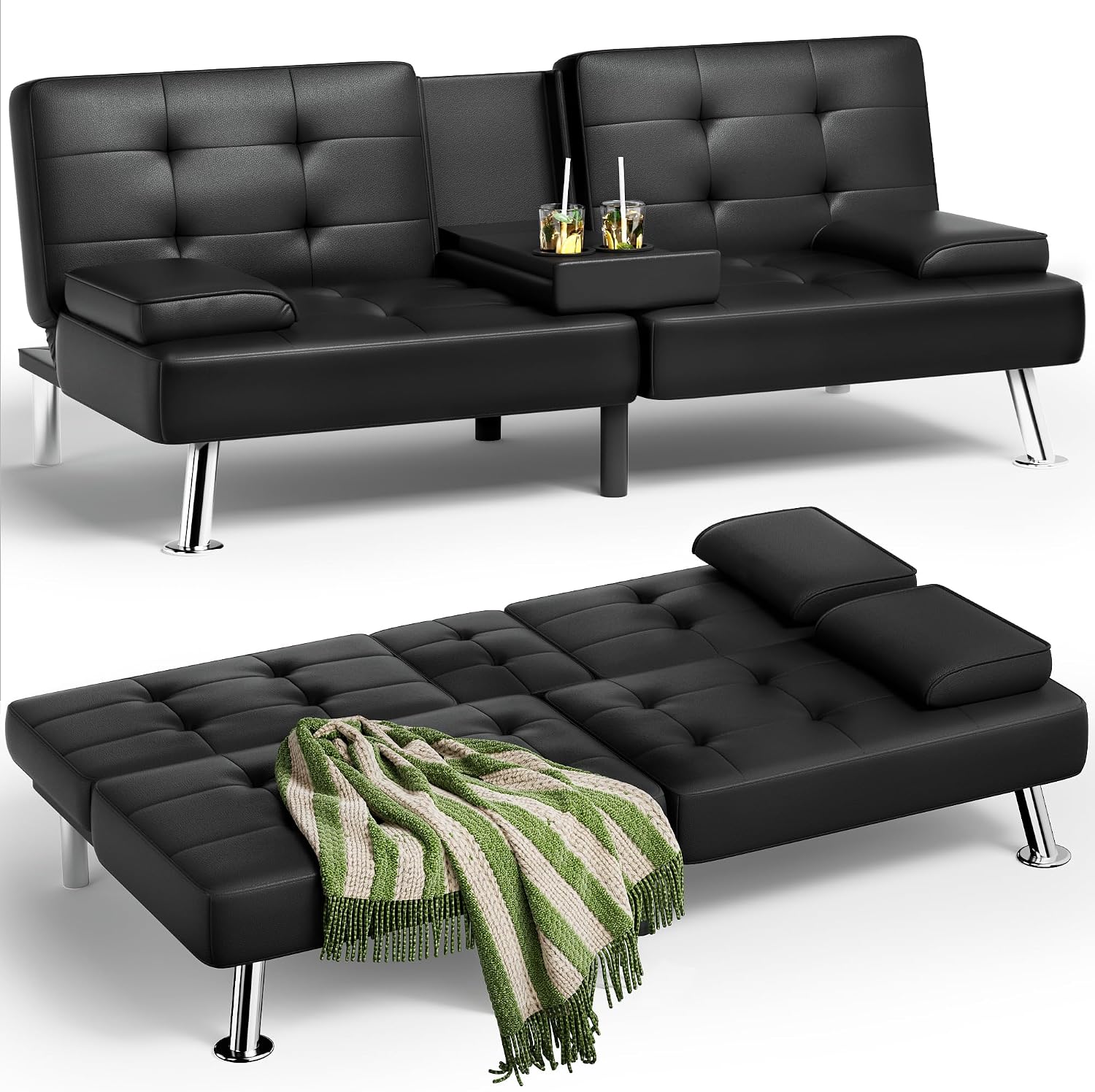 Homall Futon Sofa Bed, Leather Futon Couch with Removable Armrests, Adjustable Recliner Sleeper Sofa Bed with Dual Cup Holders for Living Room, Apartment, Office (Black), 30.7 x 65 x 28