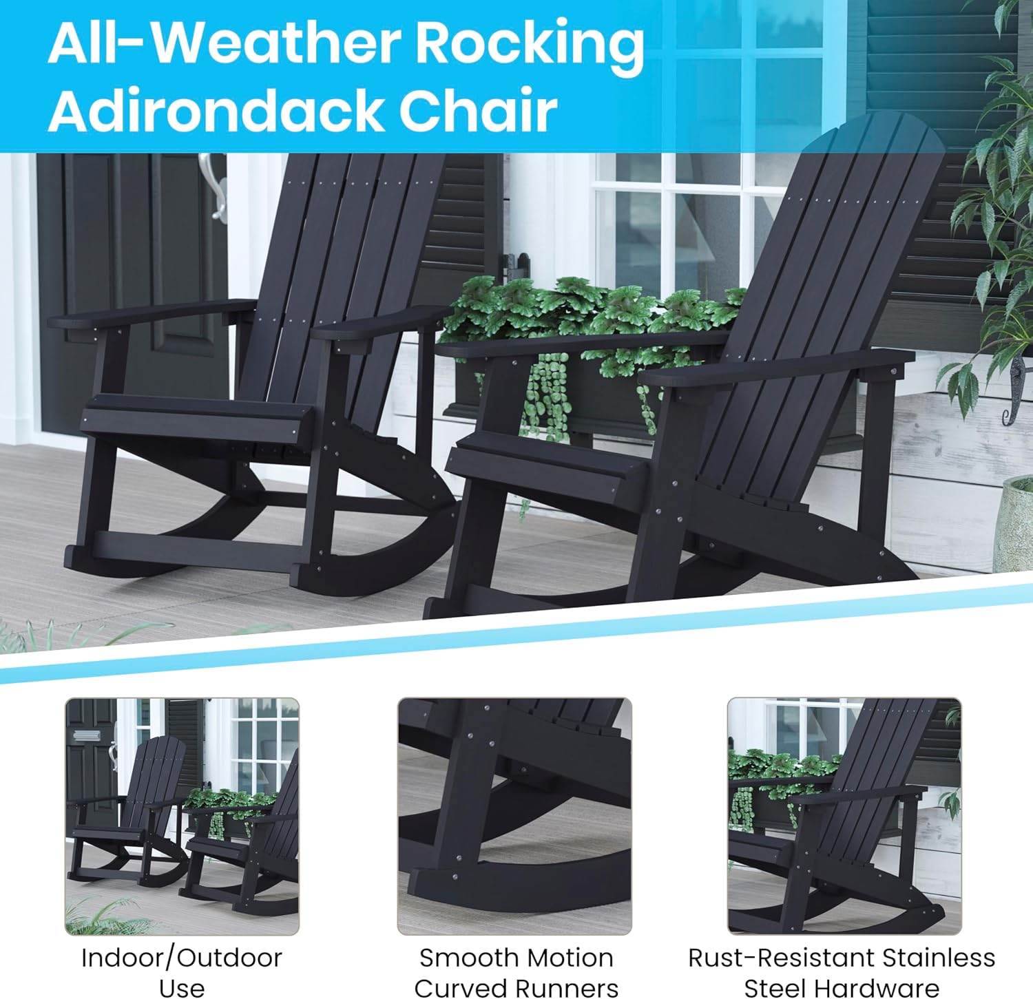Flash Furniture Set of 4 Savannah Adirondack Rocking Chairs - Commercial Grade All-Weather Black Poly Resin Wood - Matching Side Table