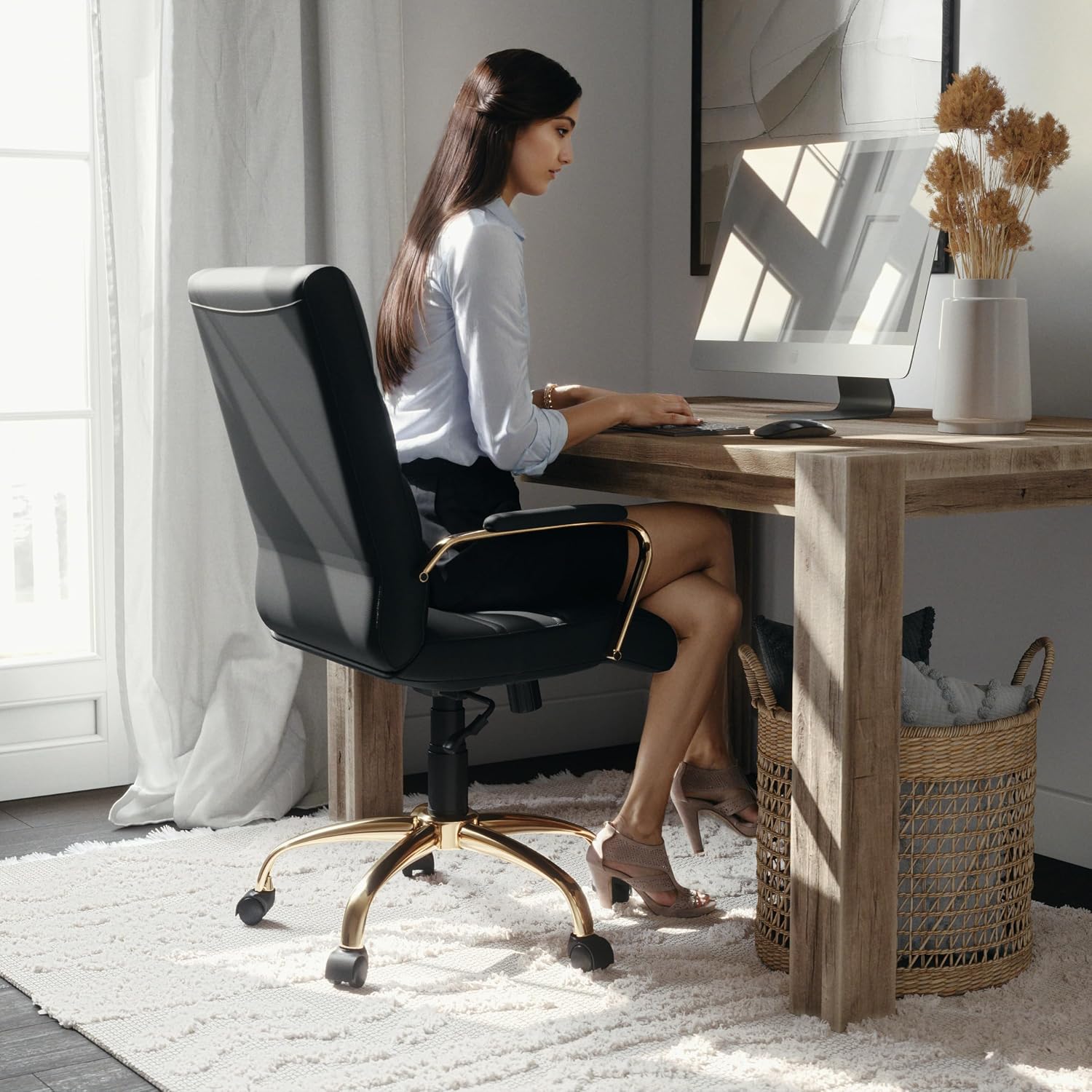 Flash Furniture Whitney Mid-Back Swivel LeatherSoft Desk Chair with Wheels, Padded Seat and Armrests, Adjustable Height Padded Office Chair, Black