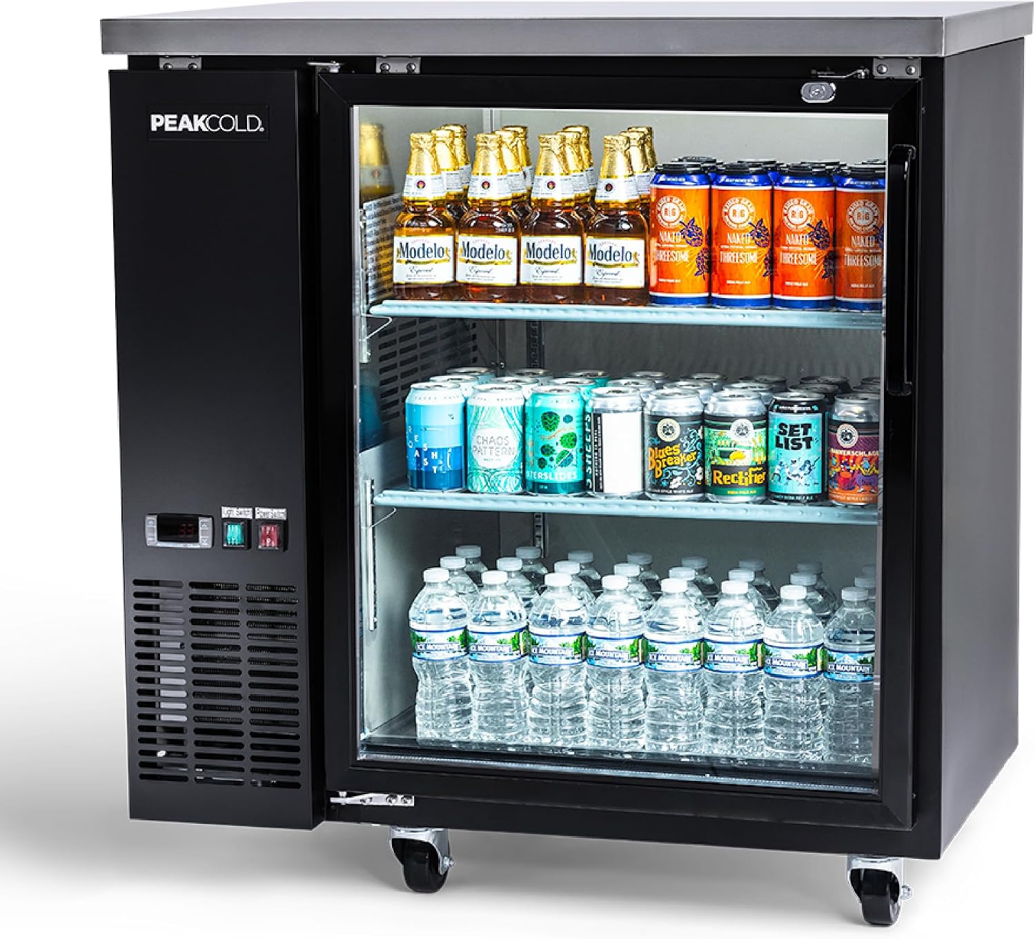 PEAKCOLD 1-Door Counter Height Beverage Refrigerator - 36' Wide Energy Efficient Black Beer Fridge With Glass Door & White LED Lighting - Commercial Back Bar Cooler