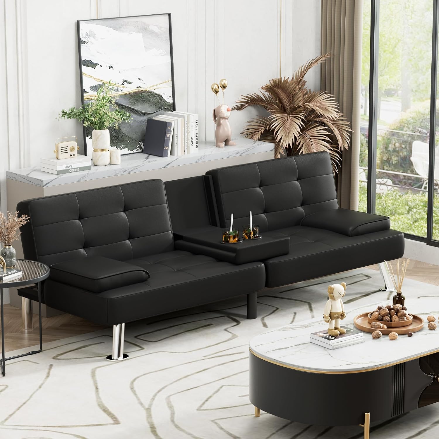 Homall Futon Sofa Bed, Leather Futon Couch with Removable Armrests, Adjustable Recliner Sleeper Sofa Bed with Dual Cup Holders for Living Room, Apartment, Office (Black), 30.7 x 65 x 28
