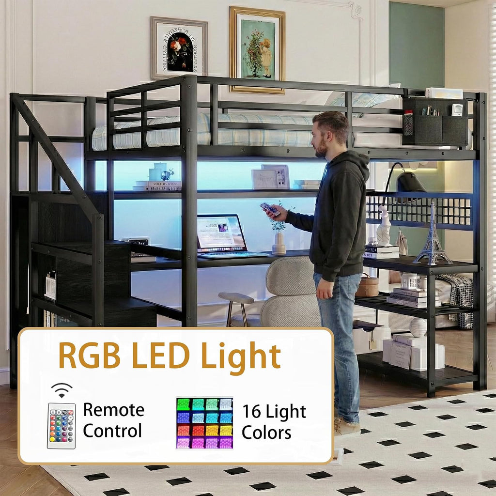 Full Size Loft Bed with Stairs & Desk, Black Loft Bed Frame with Storage Staircase, Charging Station & LED Light, Space Saving Loft Beds with Built-in Study Workstation for Kids Teens Adults
