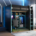 Merax Wood Loft Bed with Desk, Open Wardrobe, Storage Compartments and RGB Lights, Full Size, Cloud Blue