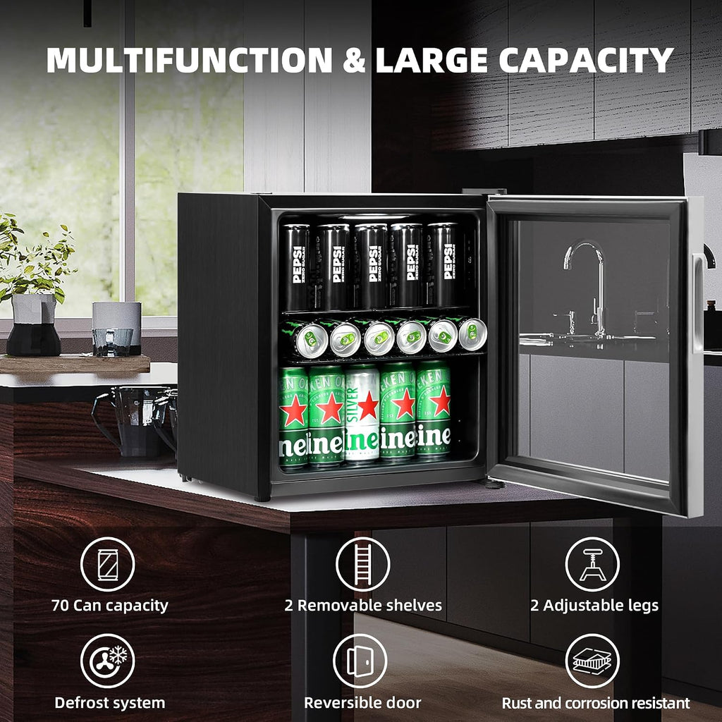 Beverage Refrigerator, 1.6 Cu.Ft Mini Fridge, Stainless Steel, LED Digital Temp Control, Double Glass Door, Adjustable & Removable Shelves, Compact Design for Home & Office