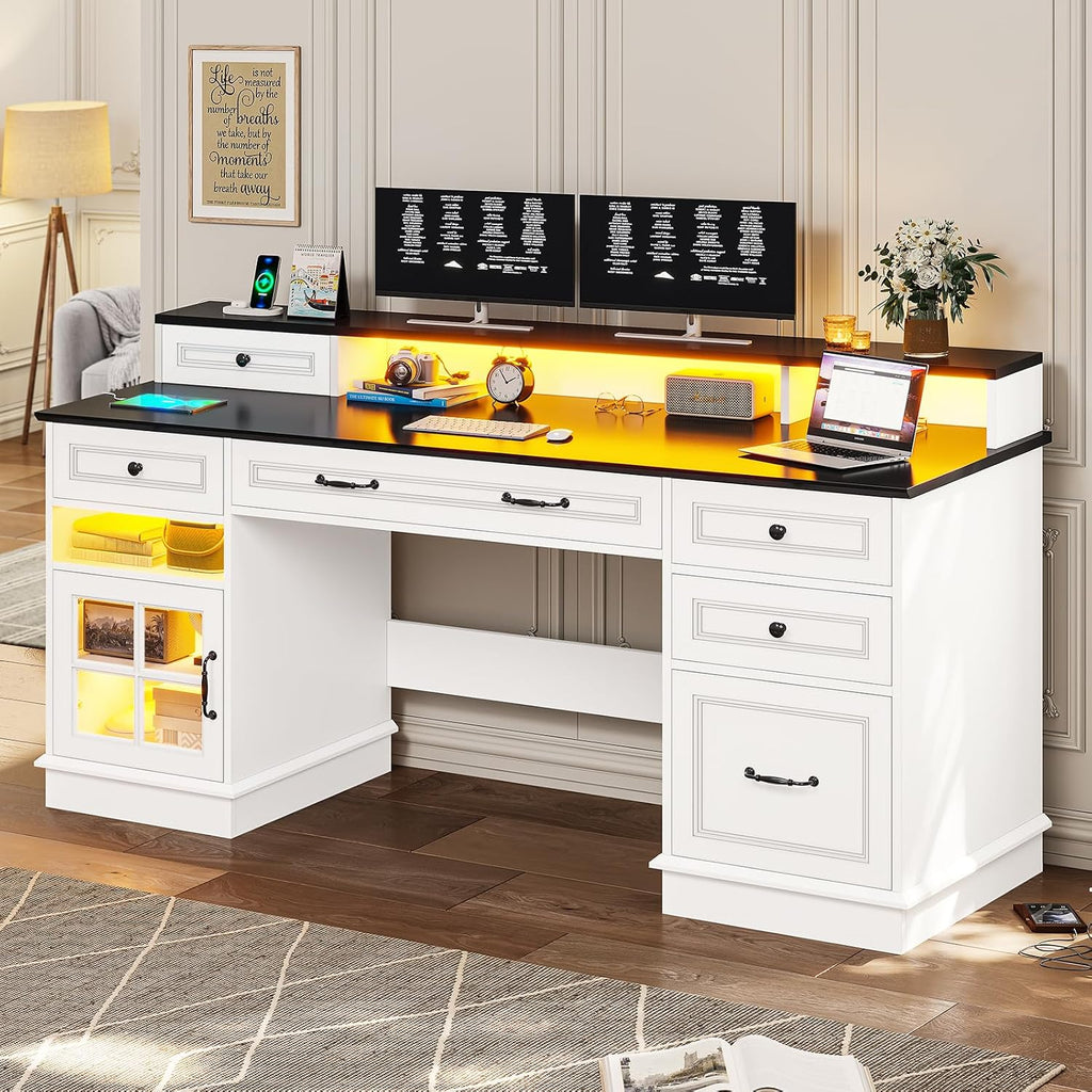 BTHFST Executive Desk with File Drawer, Computer Desk with Monitor Stand, Home Office Desk with Drawers & Storage Cabinet, Writing Desk with Charging Station & LED Lights, White