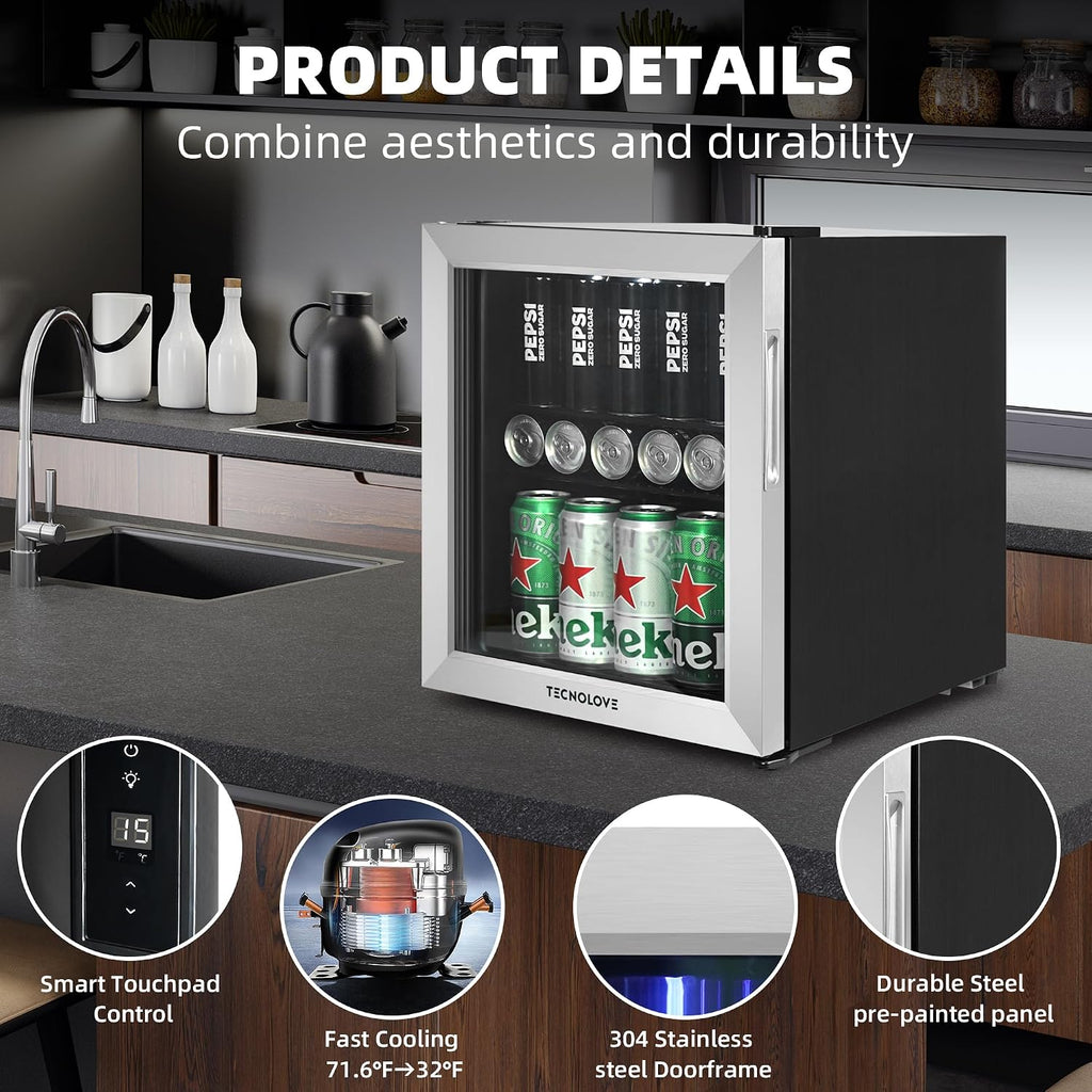 Beverage Refrigerator, 1.6 Cu.Ft Mini Fridge, Stainless Steel, LED Digital Temp Control, Double Glass Door, Adjustable & Removable Shelves, Compact Design for Home & Office