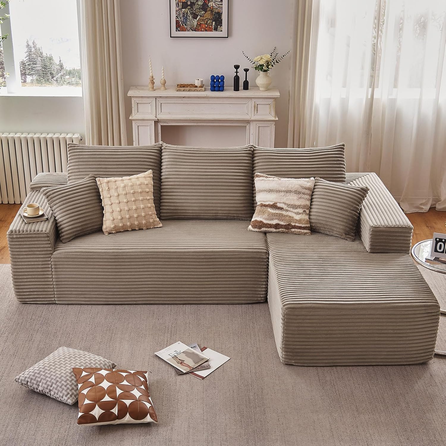 107' Cloud Sectional Couch with L-Shape Chaise, Modern Modular Comfy Sofa Chaise Longue, Upholstered Corduroy Couches Sleeper with Deep Seat for Living Room Bedroom, No Assembly Required, Camel