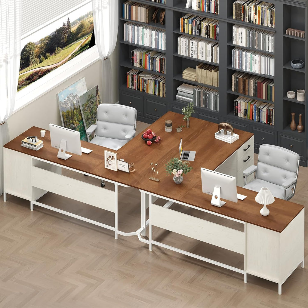 TVU 59'' L Shaped Desk with 6 Wood Drawers, Large Home Office Corner Computer Desk with Storage File Cabinet, Modern Metal Wood Desk for Executive Writing Study Workstation