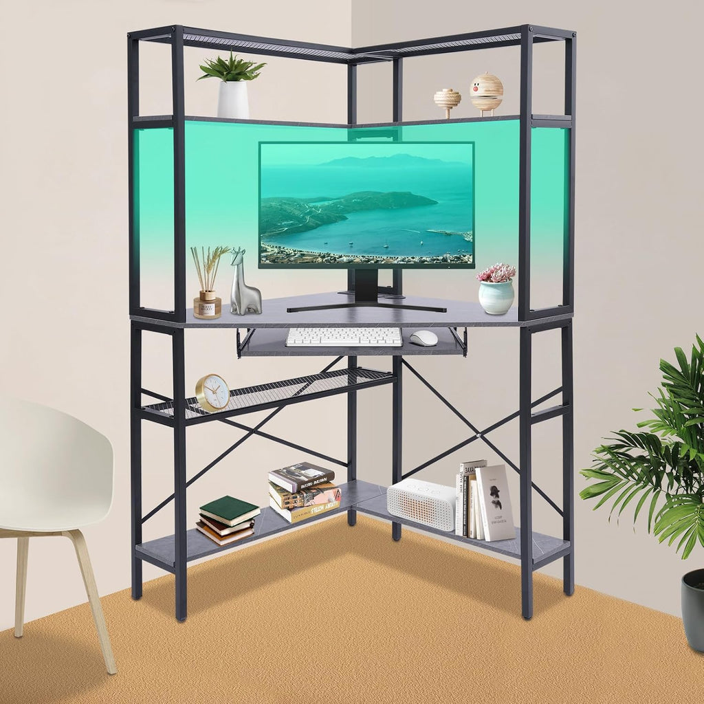 Corner Small Desk for Small Space, 29.5'*29.5'*60' Corner Computer Desk with USB Ports Triangle Gaming Desk with with RGB LED Lighting for Home Office, Living Room, Bedroom (1-Grey)