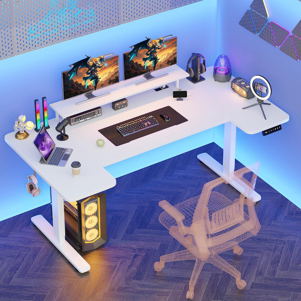 EnHomee 71 x 36 Inch U Shaped Electric Standing Desk, Height Adjustable Desk with Power Outlet, 3 Memory Height Preset,Monitor Shelf for Home Office Work Study Gaming, White