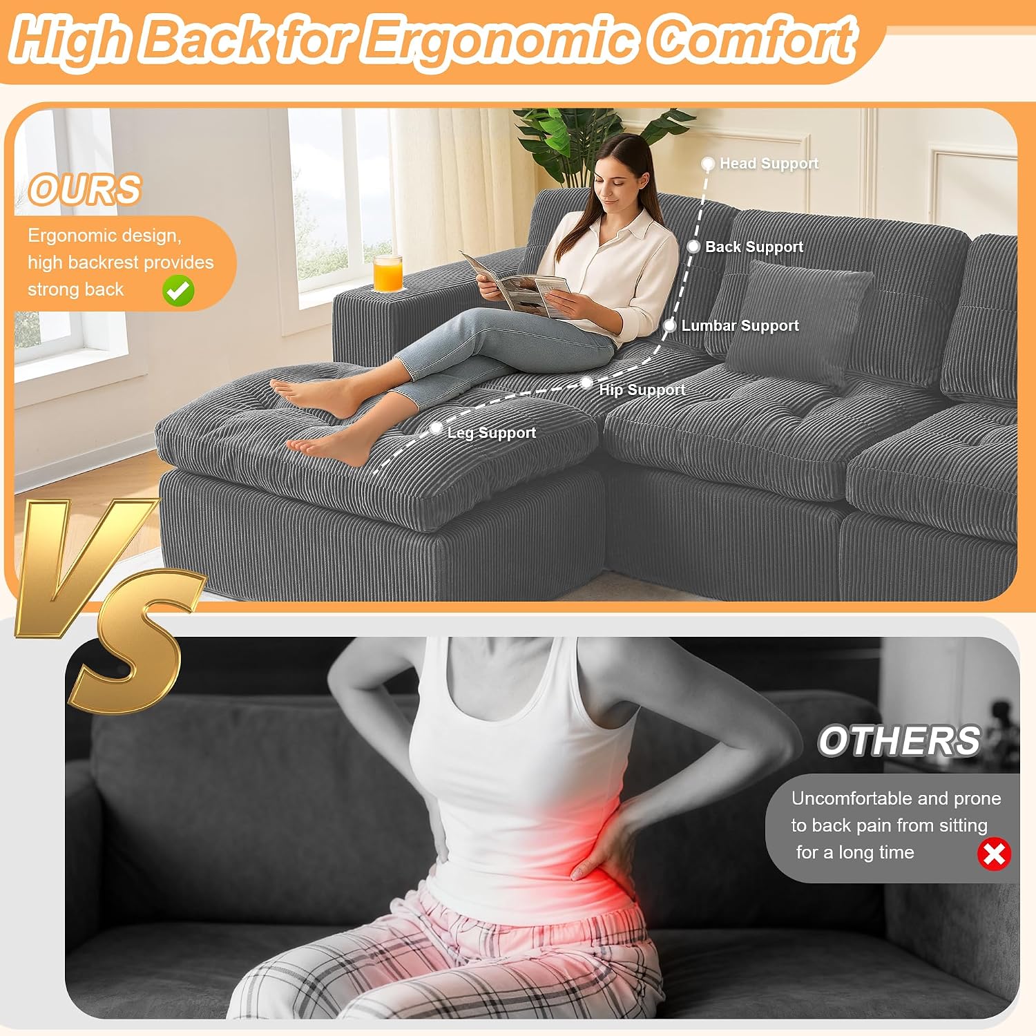 108 inch L Shaped Modular Sofa Bed, 50' Deep Seat Corduroy Boneless Sectional Couch with Ottoman No Assembly, 1400lbs Capacity Cloud Sleeper for Living Room Apartment (Dark Gray)