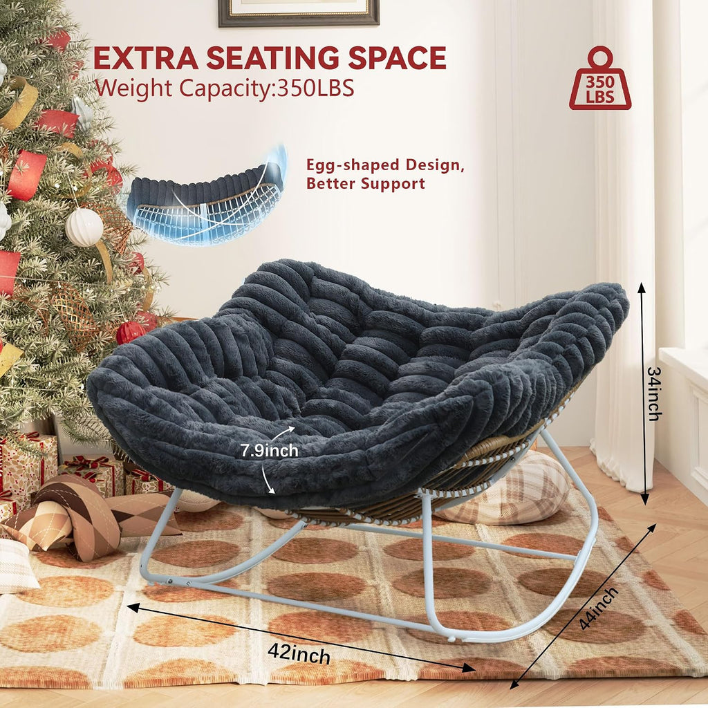 Papasan Rocking Chair, Rattan Rocking Chair, Oversized Outdoor Chair with Deep Seat Thick Cushion, Patio Rocking Chair for Bedroom/Porch/Garden (Deep Grey & White)