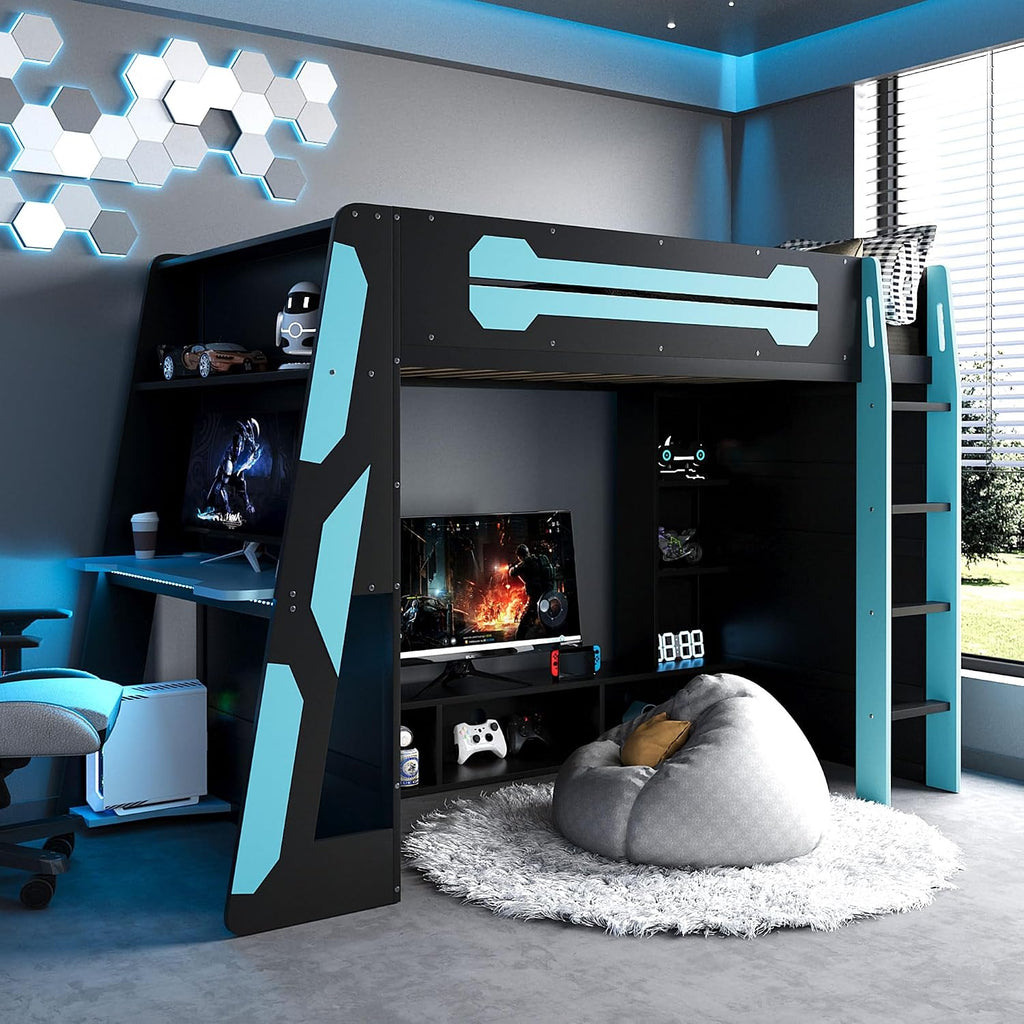 Merax Twin Size Gaming Loft Bed with Desk and Multi-Storage Shelves, Wooden Loft Bed Frmae with Light, Space-Saving Bed with Safety Guardrail