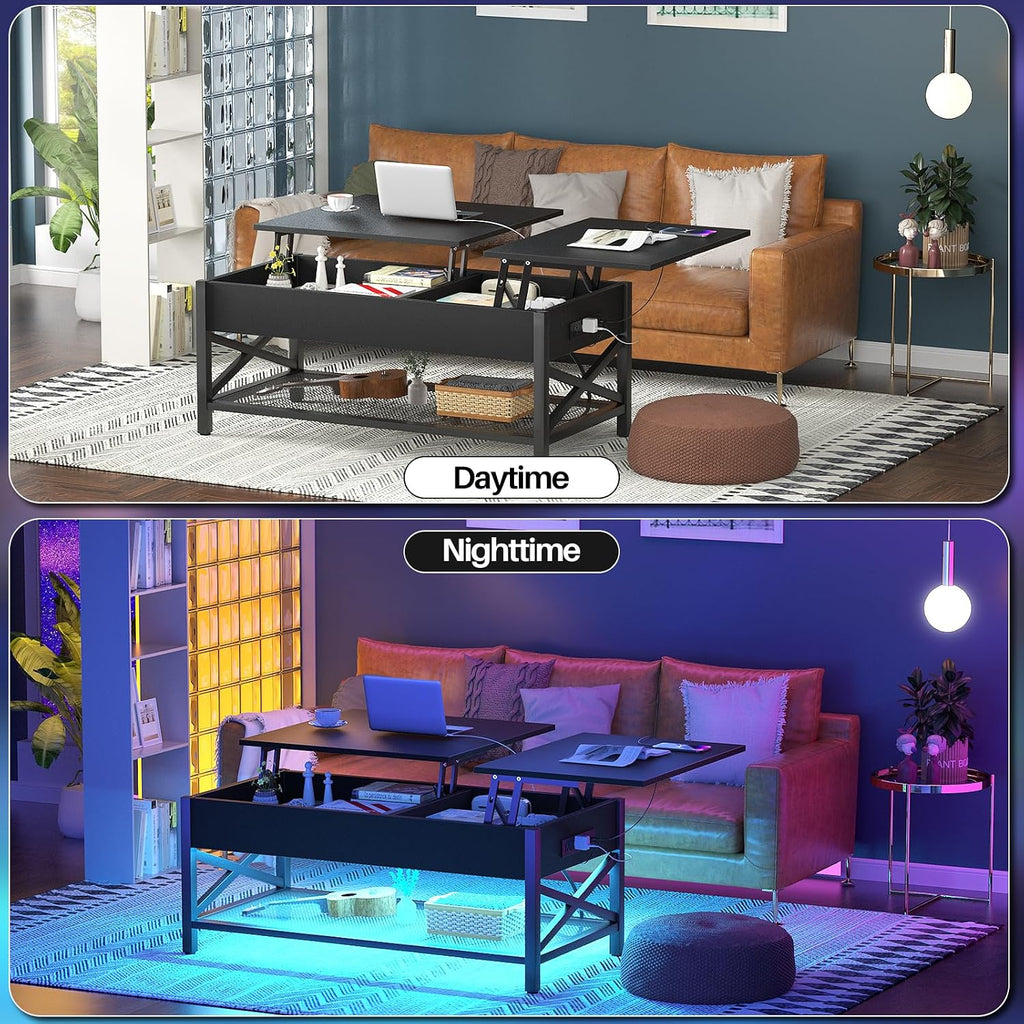 Aheaplus Black Lift-Top Coffee Table with LED Light, Power Outlets and Storage Shelf, 41.7'W x 19.69'L x 19.7'H