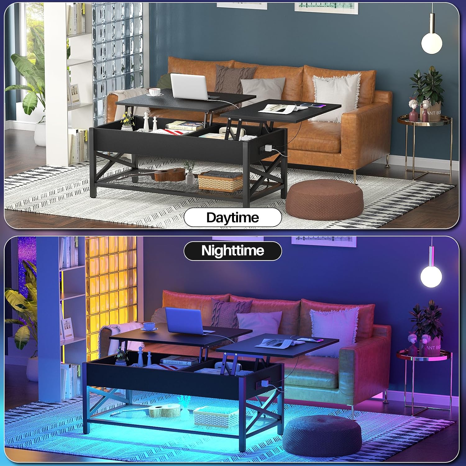 Aheaplus Black Lift-Top Coffee Table with LED Light, Power Outlets and Storage Shelf, 41.7'W x 19.69'L x 19.7'H