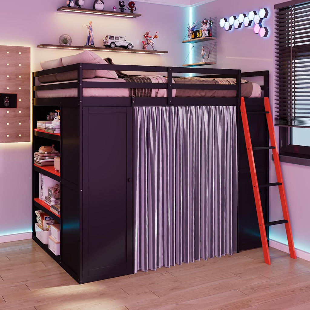Full Gaming Loft Bed with Wardrobe & Desk & Charging Station & RGB Light,Esports Wood Loft Bed Frame with Storage Shelves,Curtains and DIY Pegboard,Space Saving,No Box Spring Needed,Black Red