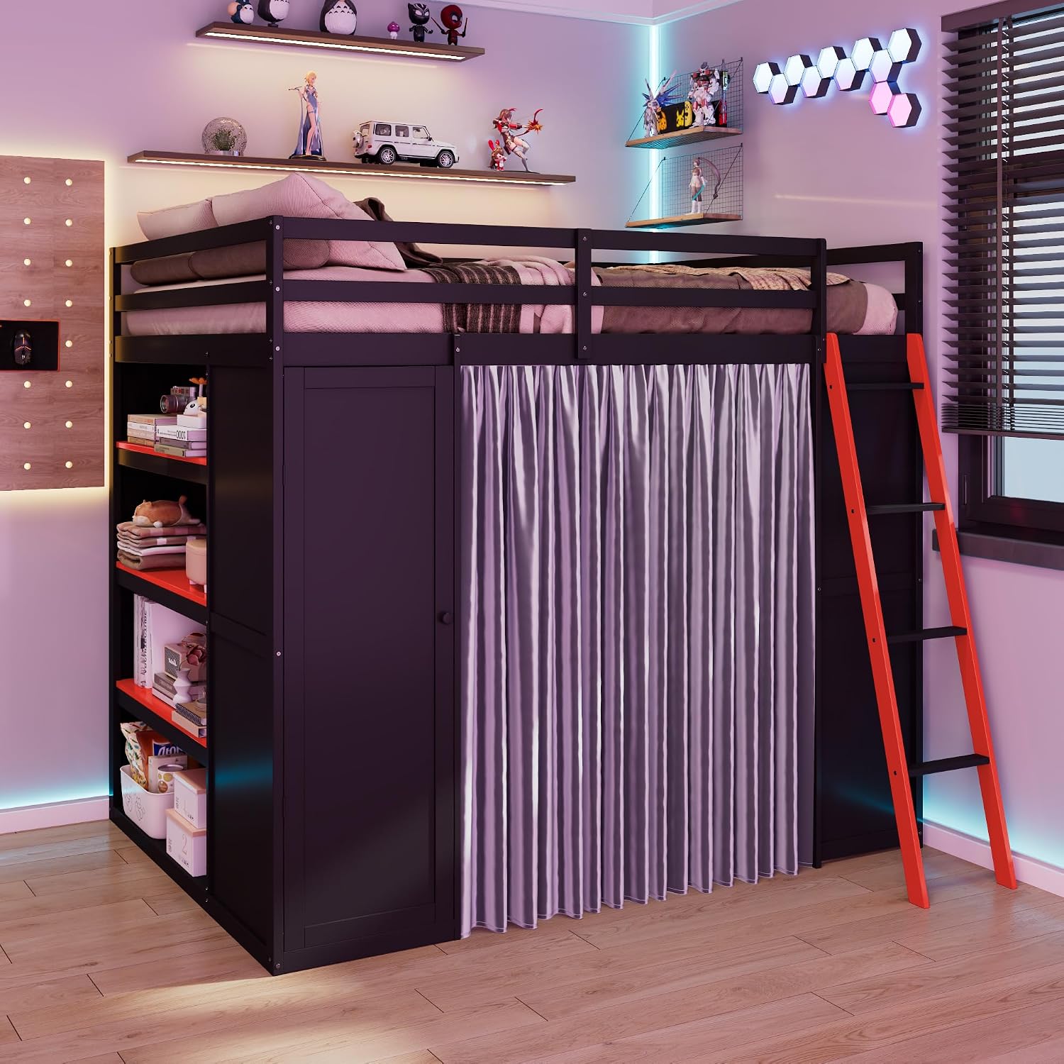 Full Gaming Loft Bed with Wardrobe & Desk & Charging Station & RGB Light,Esports Wood Loft Bed Frame with Storage Shelves,Curtains and DIY Pegboard,Space Saving,No Box Spring Needed,Black Red