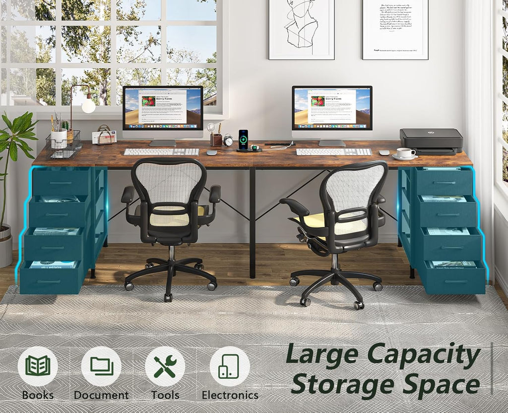 TVU 95' 2 Person Desk with 8 Drawers, Large Writing Home Office Desks with Outlets, I Shaped Workstation Double Desk Drawer Organizers (Rustic)
