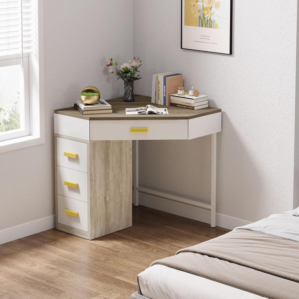 Tribesigns Corner Desk, Triangle Computer Desk with 3 Drawers, 90-Degree Writing Desk PC Table Makeup Vanity Desk with Storage for Home Office, Living Room, Bedroom (Grey+White)