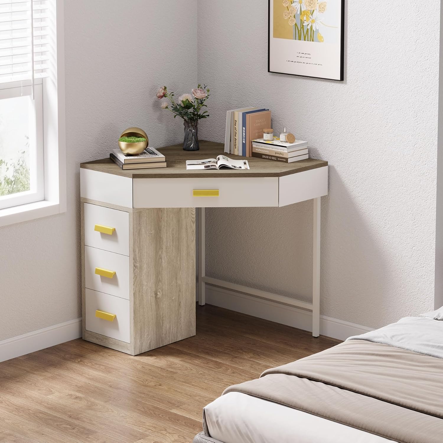 Tribesigns Corner Desk, Triangle Computer Desk with 3 Drawers, 90-Degree Writing Desk PC Table Makeup Vanity Desk with Storage for Home Office, Living Room, Bedroom (Grey+White)