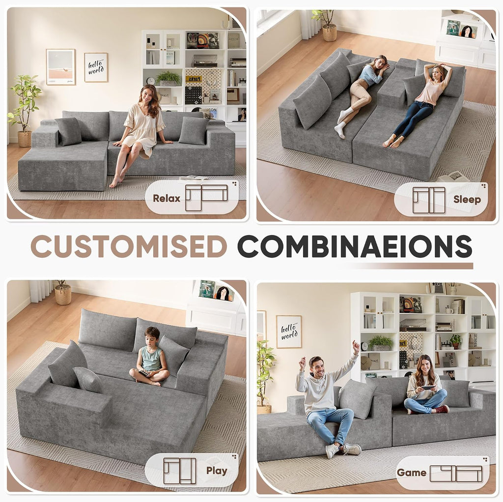 Homall 108' Modular Sectional Sofa, Boneless Couch with L-Shape Chaise, Cloud Couch with Deep Seat Upholstered, No Assembly Required for Living Room, Bedroom (Chenille, Grey)