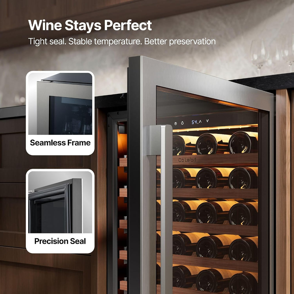 Ca'Lefort 24 Inch Wine Fridge, 61 Bottles 40-65°F Wine Cooler, Adjustable Shelves & 3 LED Light, Wine Refrigerator with Glass Door, Built-in Under Counter Freestanding for Home/Kitchen/Bar