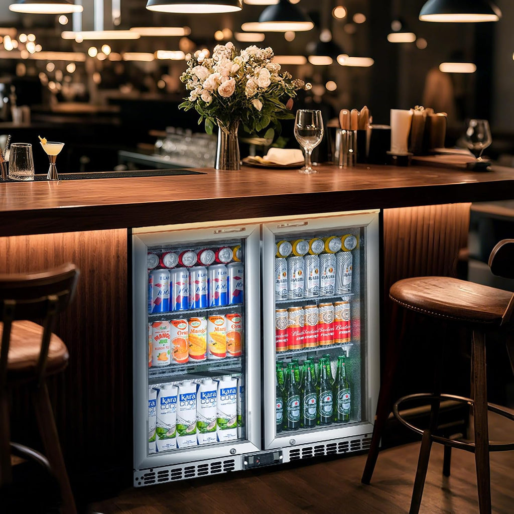 Back Bar Cooler with 2 Glass Doors Under Counter Commercial Beverage Refrigerator Silver Stainless Steel 7.4 Cu.ft. ETL Drink Fridges for Bar,Office