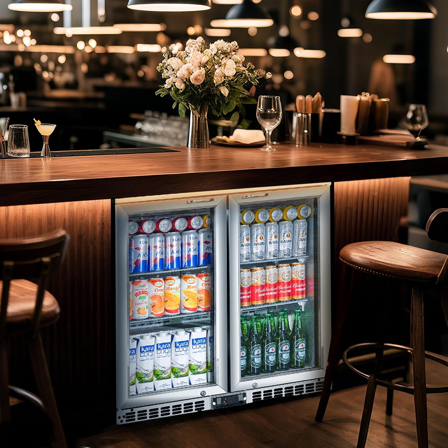 Back Bar Cooler with 2 Glass Doors Under Counter Commercial Beverage Refrigerator Silver Stainless Steel 7.4 Cu.ft. ETL Drink Fridges for Bar,Office