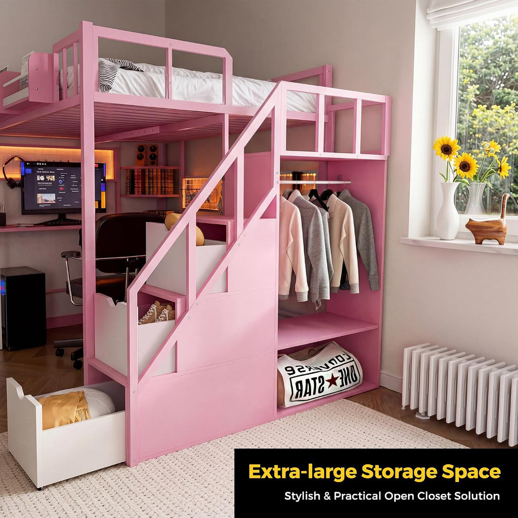 Kikihouse Twin Size Loft Bed with Desk and Stairs, Headboard, Wardrobe, Bedside Storage Shelf, 6 Drawers, Charging Station & LED Light, Metal Gaming Loft Bed Frame for Adult Space-Saving