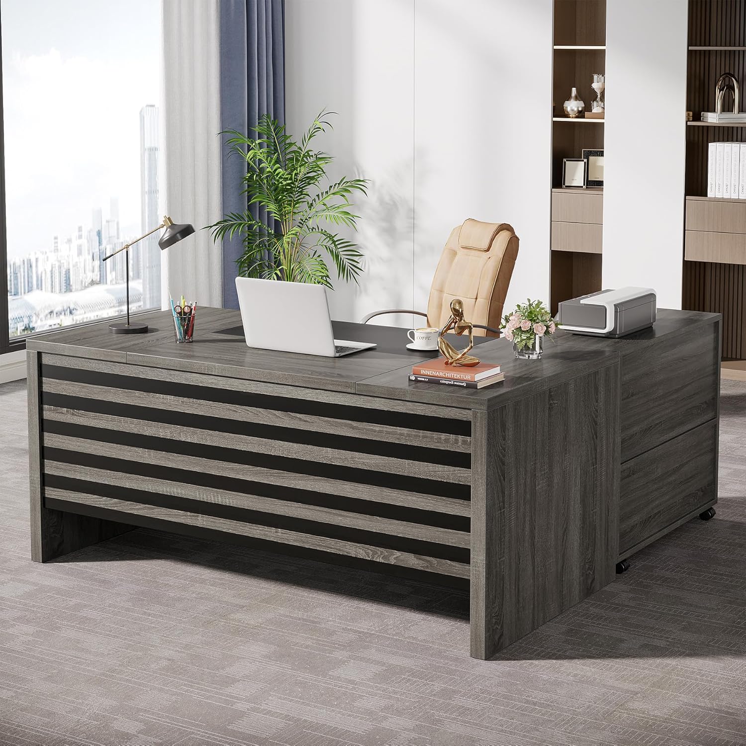 Tribesigns 62.2' Executive Desk with Mobile File Cabinet, L-Shaped Office Desk with Storage Shelves, Large Computer Table Business Workstation Set for Home Office, Grey